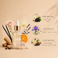 A clear glass dropper bottle labeled Delisha with a gold collar and white dropper top, styled on a stone slab with flowers, vanilla beans, cinnamon sticks, and fruit slices. Arabic text on the right lists ingredients including pear, blackberry, citrus, purple flowers, jasmine, almond, and vanilla.