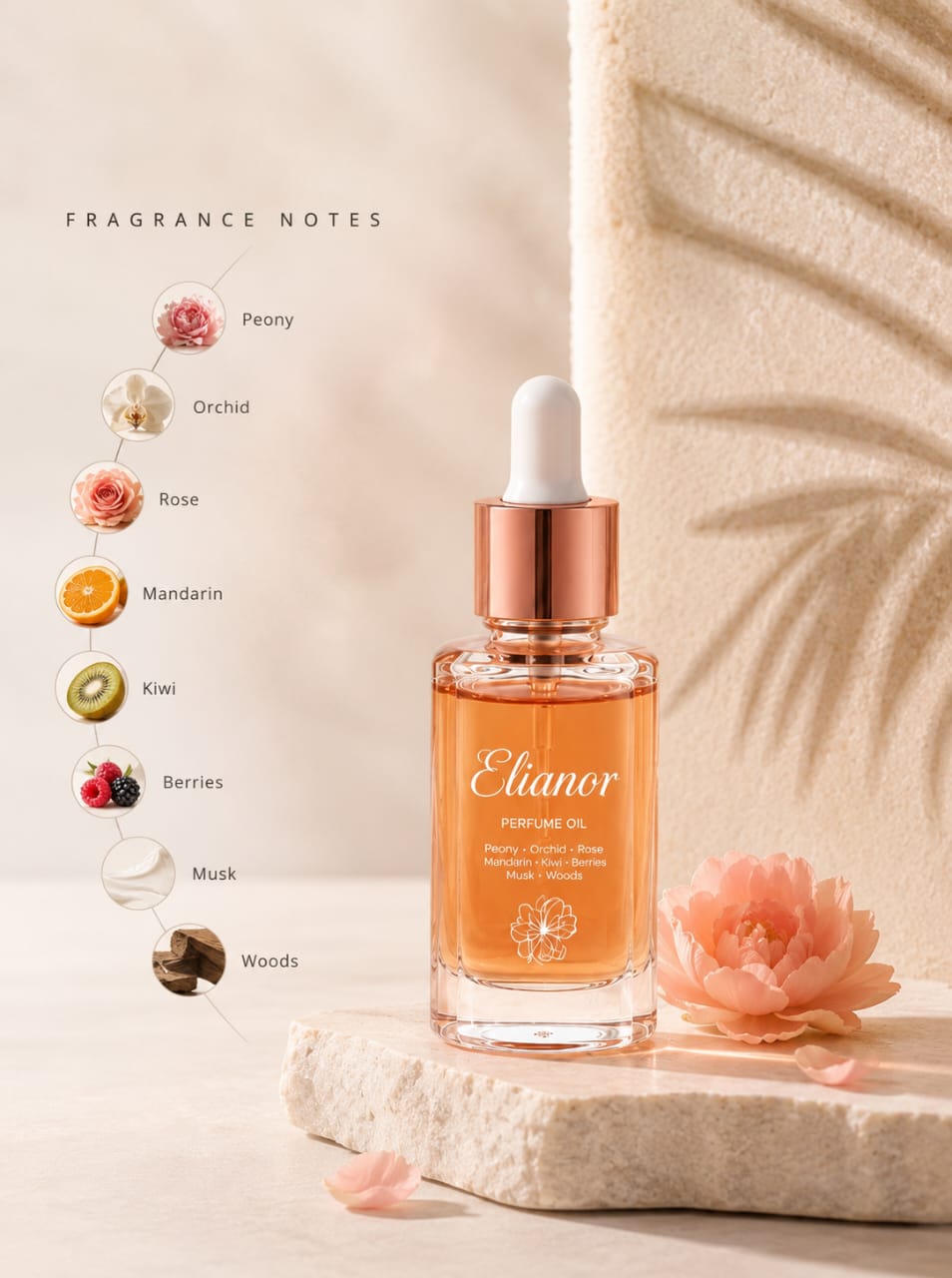 A bottle of Etianor Peony Oil perfume oil with a rose gold dropper cap and amber liquid, displayed on a stone slab next to a pink peony flower. A vertical graphic on the left lists fragrance notes including Peony, Orchid, Rose, Mandarin, Kiwi, Berries, Musk, and Woods.