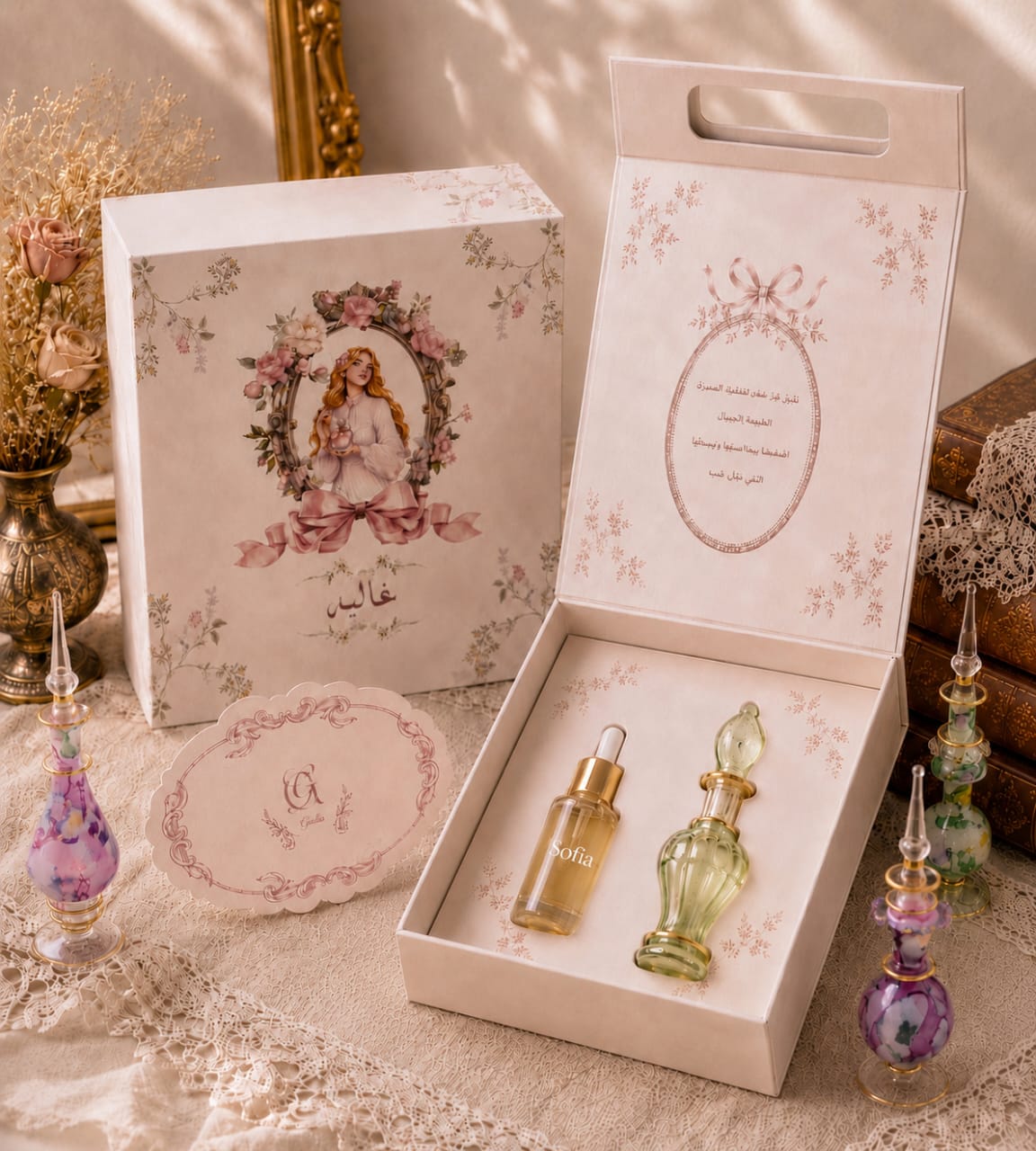 An elegant perfume gift set displayed in an open decorative box, with a matching illustrated box standing behind it. The set includes a small gold-toned dropper bottle, a pale green glass perfume bottle, a round branded card, and several ornate perfume bottles on a lace-covered surface.