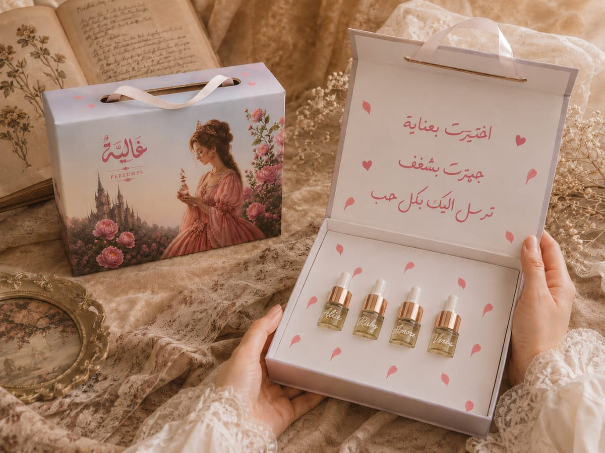 A person holds an open white gift box containing four small cosmetic dropper bottles with rose-gold caps. Beside it is the closed matching box, decorated with a vintage-style illustration of a woman in a pink dress and pink roses, with Arabic text on the inside lid.