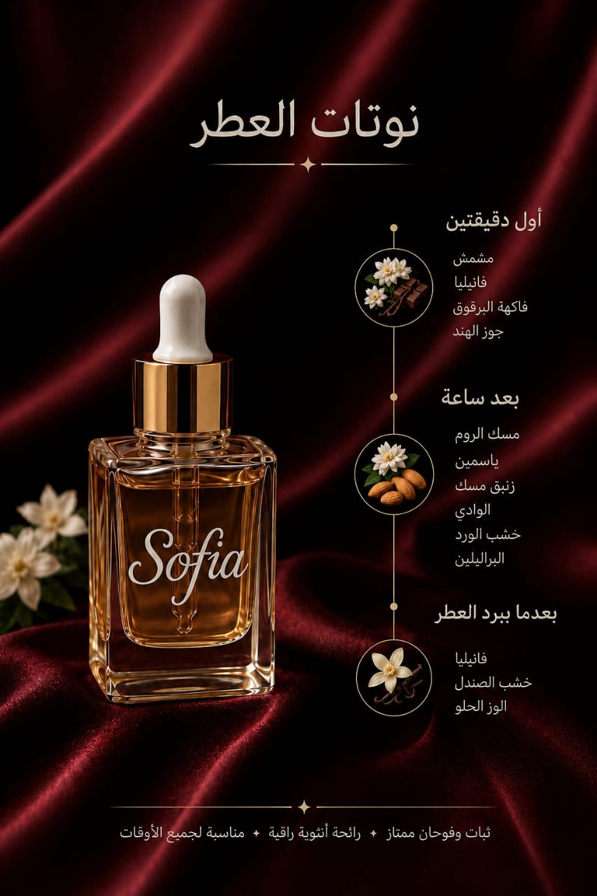 A luxury cosmetic oil bottle labeled 'Sofia' with a gold cap and white dropper, set against a dark red satin background with Arabic text detailing ingredients and usage.